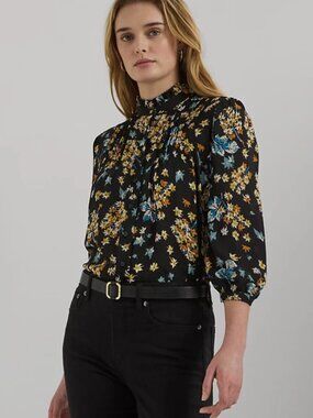 NWT Lauren Ralph Lauren Women's Ruffled Floral Shirt - Black Multi - Size L